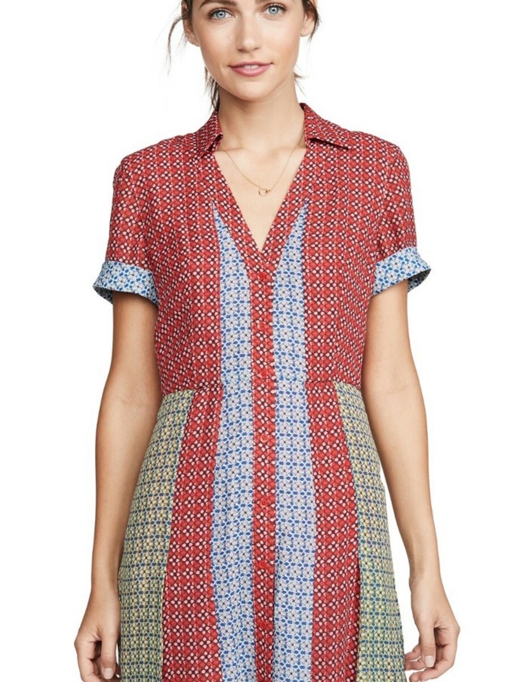 Alice + Olivia Mixed-Panel Mini Dress in Red, Light Blue and Olive - Picture 9 of 11